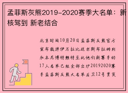 孟菲斯灰熊2019-2020赛季大名单：新核驾到 新老结合