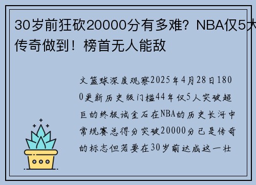 30岁前狂砍20000分有多难？NBA仅5大传奇做到！榜首无人能敌
