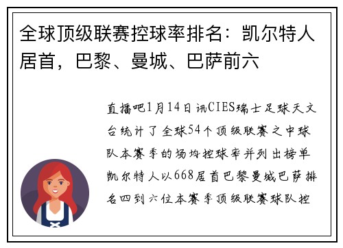全球顶级联赛控球率排名：凯尔特人居首，巴黎、曼城、巴萨前六